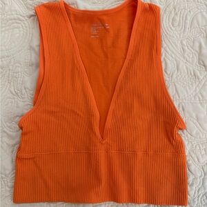 M Orange Ribbed V-Neck Women's Top